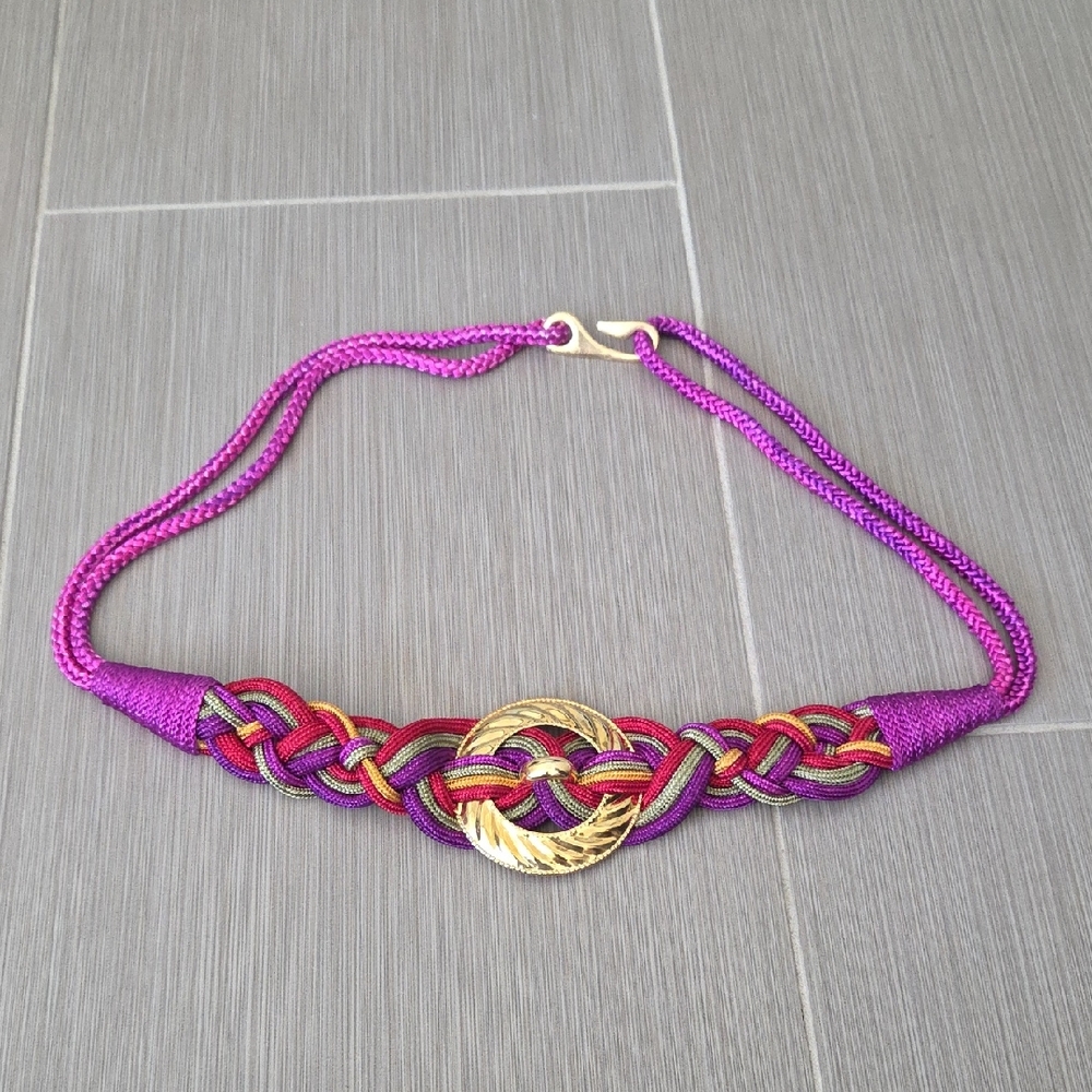 Vintage 80s Braided Cord Belt Purple Multicolor Gold Buckle Boho Waist Belt